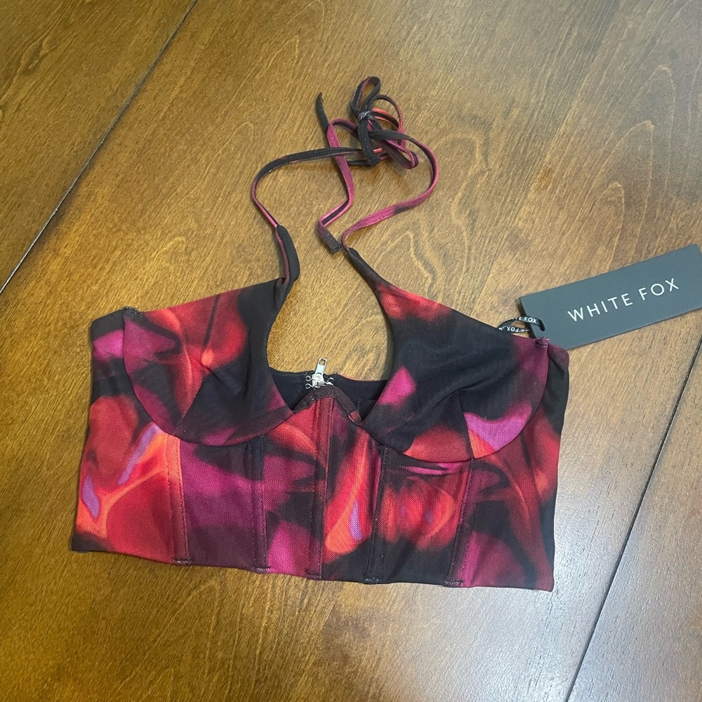 White Fox Boutique Red and Black Abstract Halter Crop Top